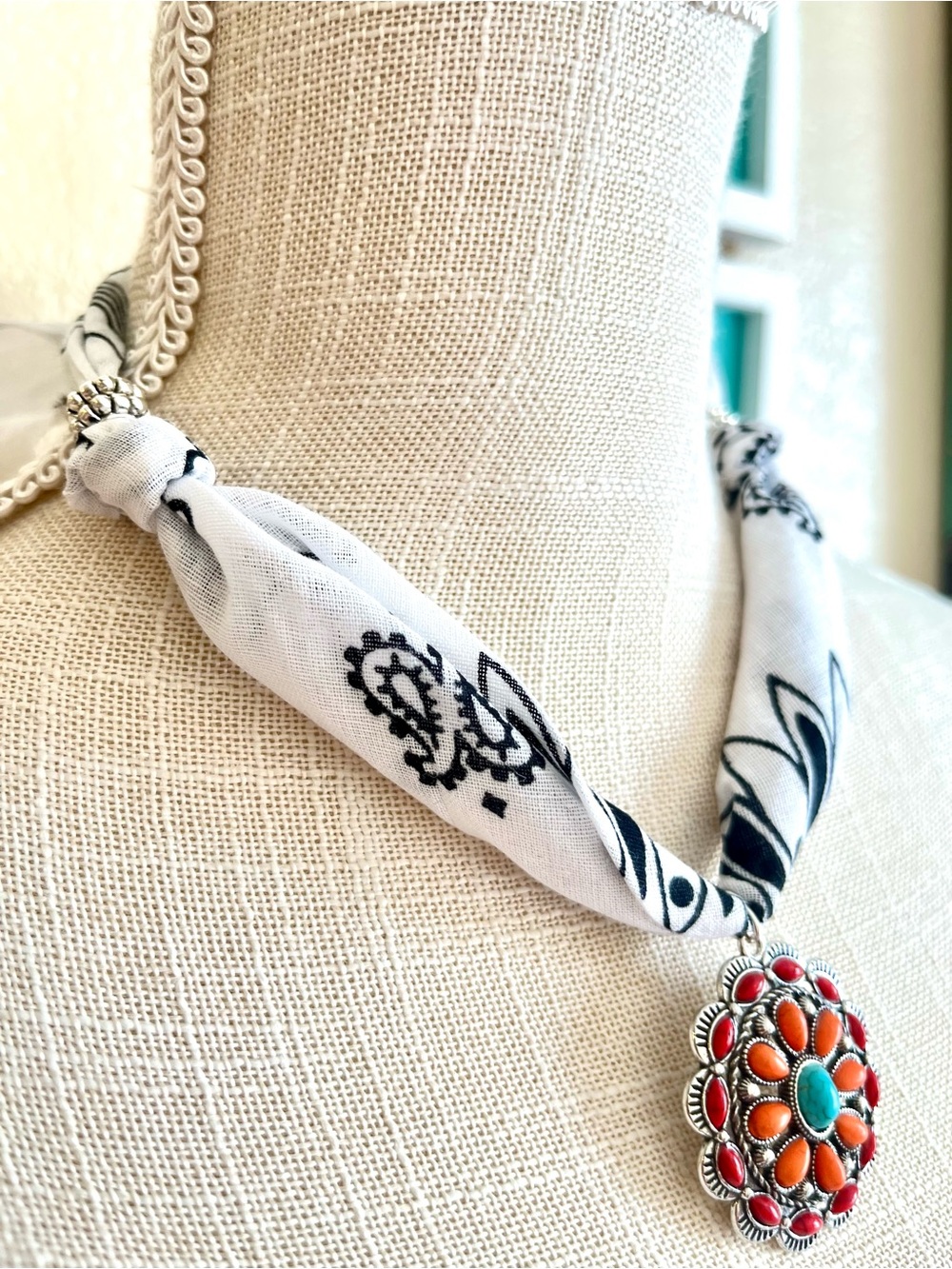Boho White & black Bandanna Necklace with Turquoise, Orange and Coral Pendant